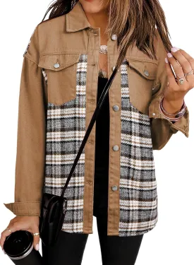 SHEWIN Women's Oversized Denim Jacket Casual Long Sleeve Button Down Plaid Shacket Boyfriend Jean Jacket With Pockets