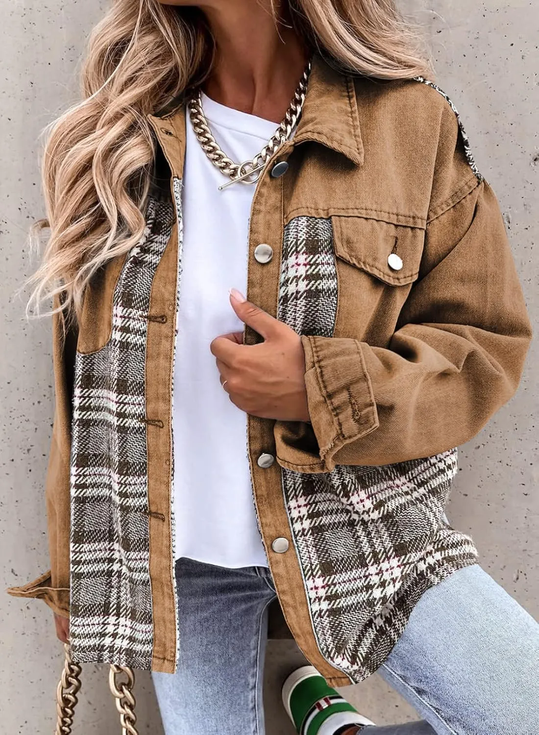 SHEWIN Women's Oversized Denim Jacket Casual Long Sleeve Button Down Plaid Shacket Boyfriend Jean Jacket With Pockets
