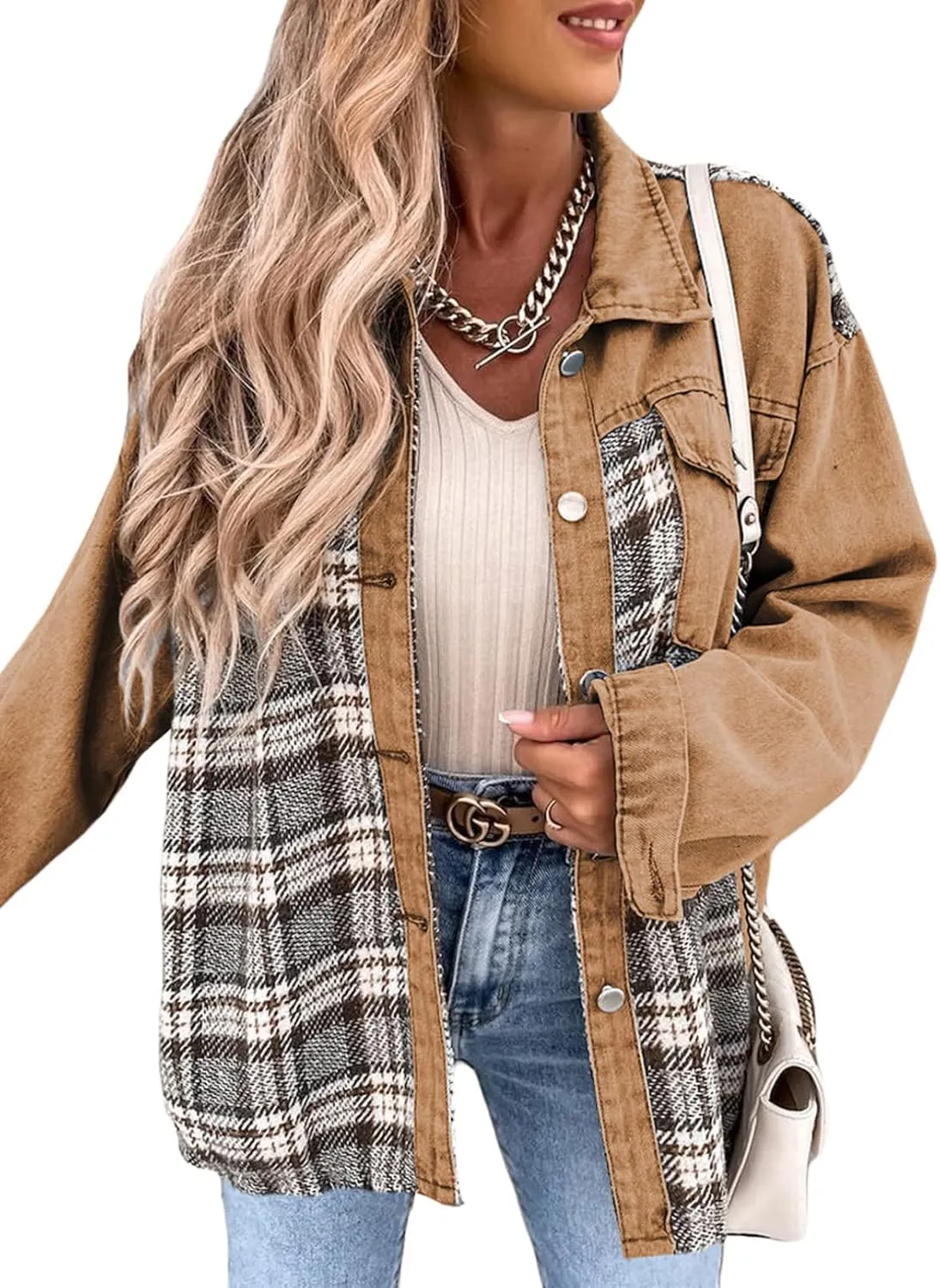SHEWIN Women's Oversized Denim Jacket Casual Long Sleeve Button Down Plaid Shacket Boyfriend Jean Jacket With Pockets