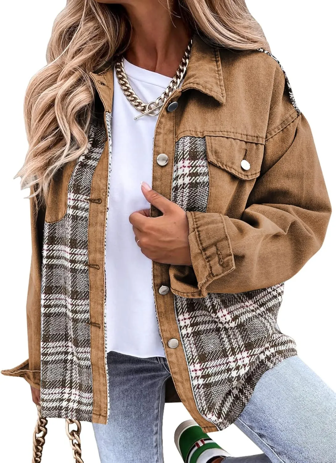 SHEWIN Women's Oversized Denim Jacket Casual Long Sleeve Button Down Plaid Shacket Boyfriend Jean Jacket With Pockets