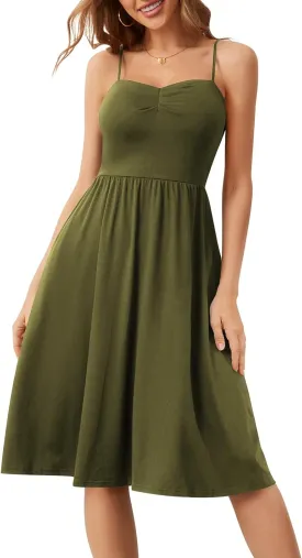 Sureple Summer Dresses for Women 2025 Casual Sweetheart-Neck Empire Waist Swing Aline Spaghetti Strap Dress with Pockets