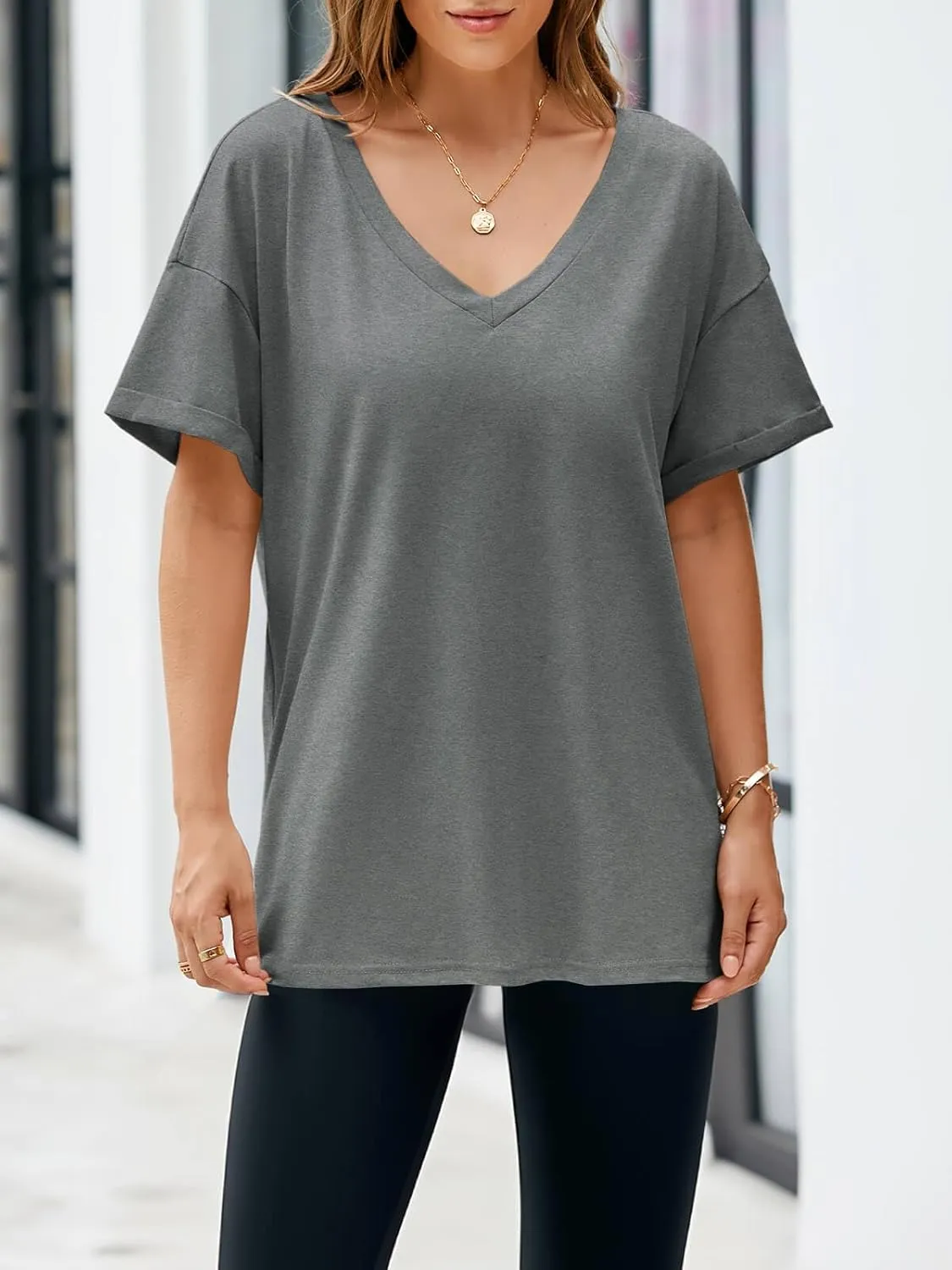 Tankaneo Womens Oversized Tshirts V Neck Short Sleeve Tops Summer Casual Loose Fit Tunic Tee Shirts