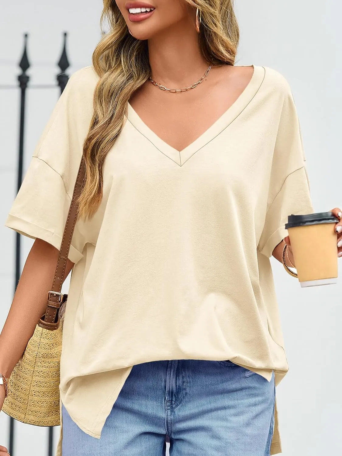 Tankaneo Womens Oversized Tshirts V Neck Short Sleeve Tops Summer Casual Loose Fit Tunic Tee Shirts