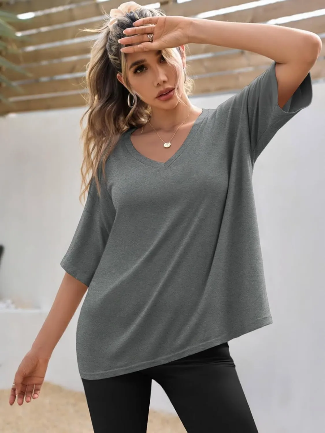 Tankaneo Womens Oversized Tshirts V Neck Short Sleeve Tops Summer Casual Loose Fit Tunic Tee Shirts