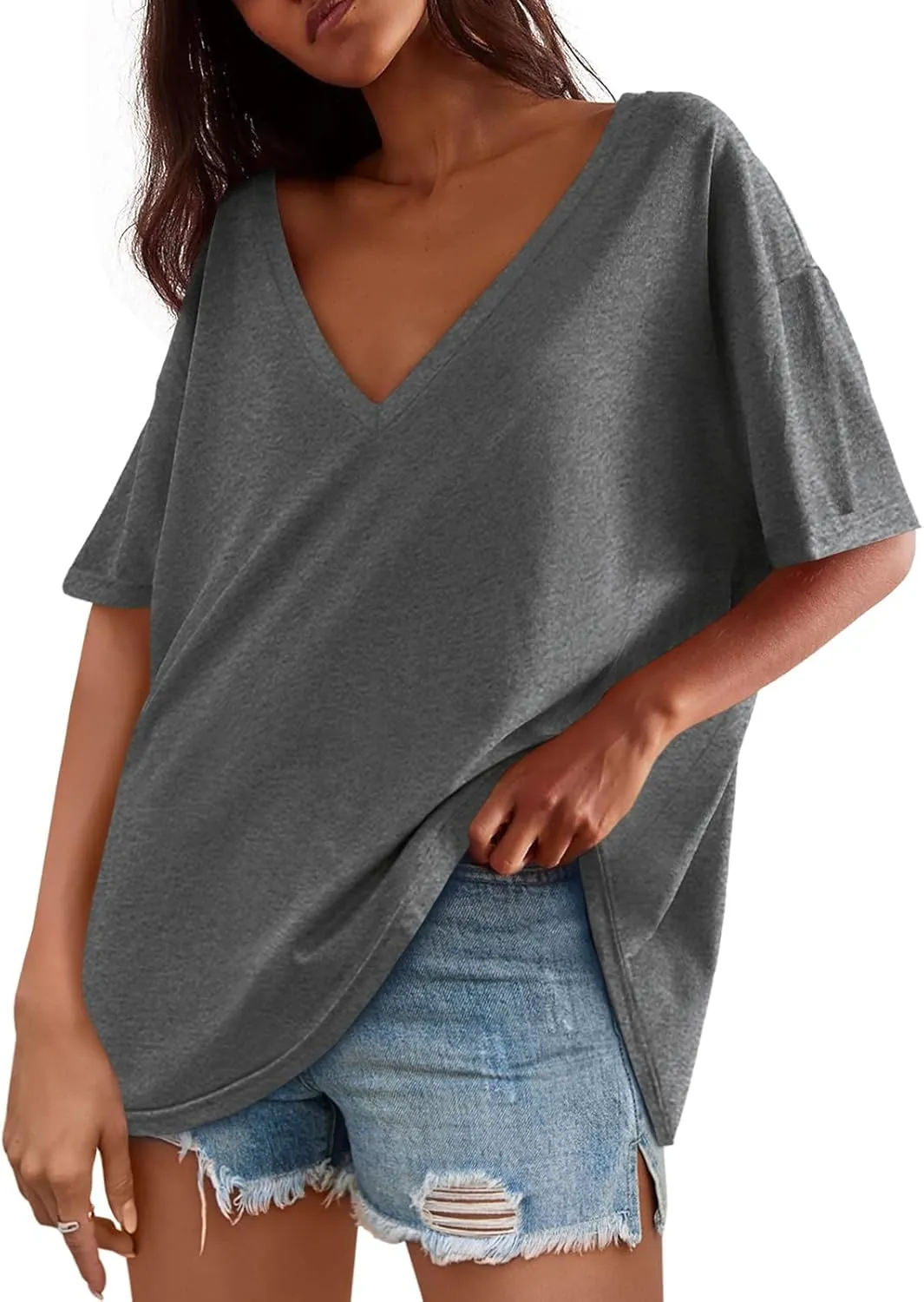 Tankaneo Womens Oversized Tshirts V Neck Short Sleeve Tops Summer Casual Loose Fit Tunic Tee Shirts