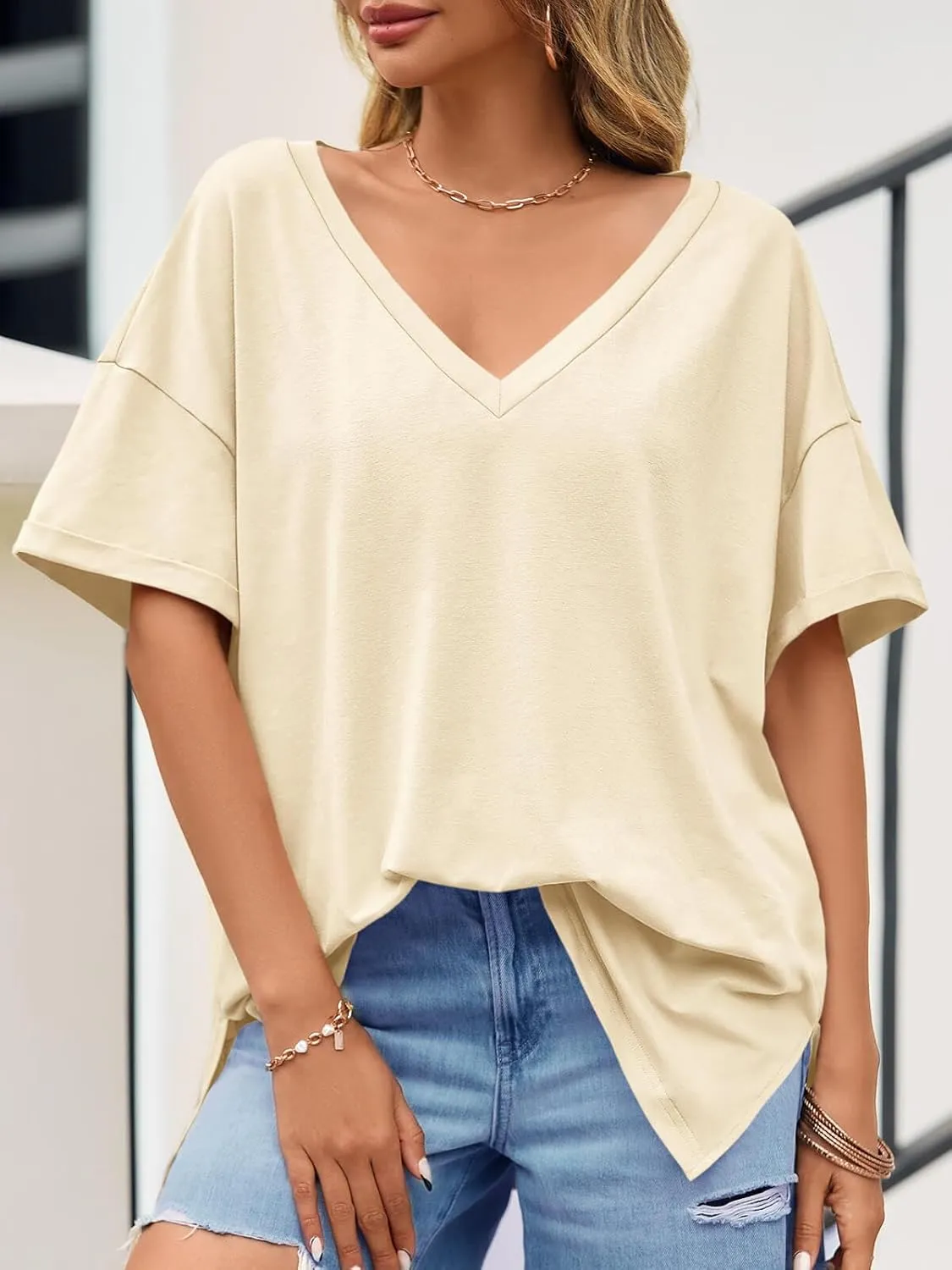 Tankaneo Womens Oversized Tshirts V Neck Short Sleeve Tops Summer Casual Loose Fit Tunic Tee Shirts