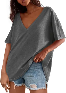 Tankaneo Womens Oversized Tshirts V Neck Short Sleeve Tops Summer Casual Loose Fit Tunic Tee Shirts