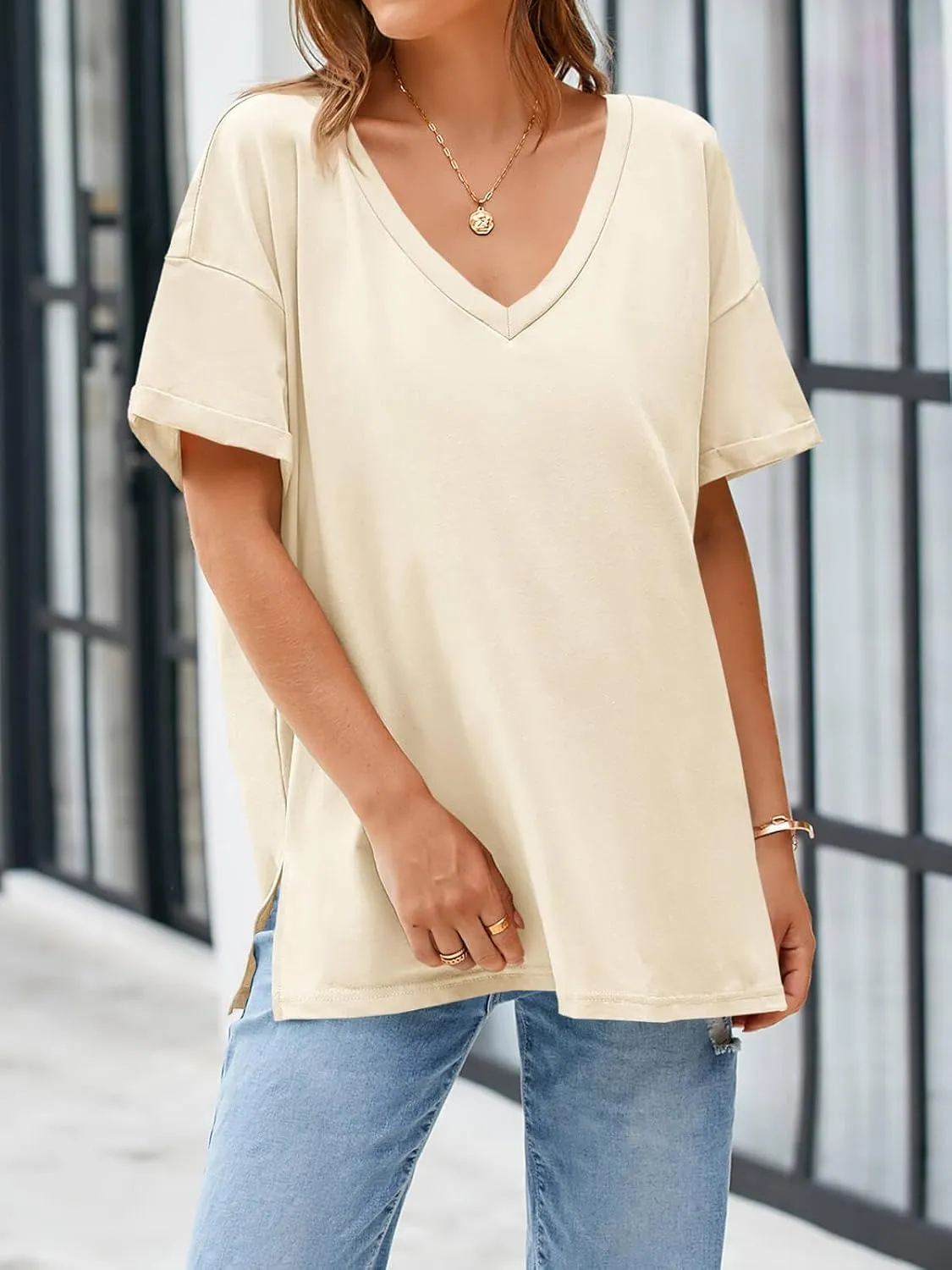 Tankaneo Womens Oversized Tshirts V Neck Short Sleeve Tops Summer Casual Loose Fit Tunic Tee Shirts