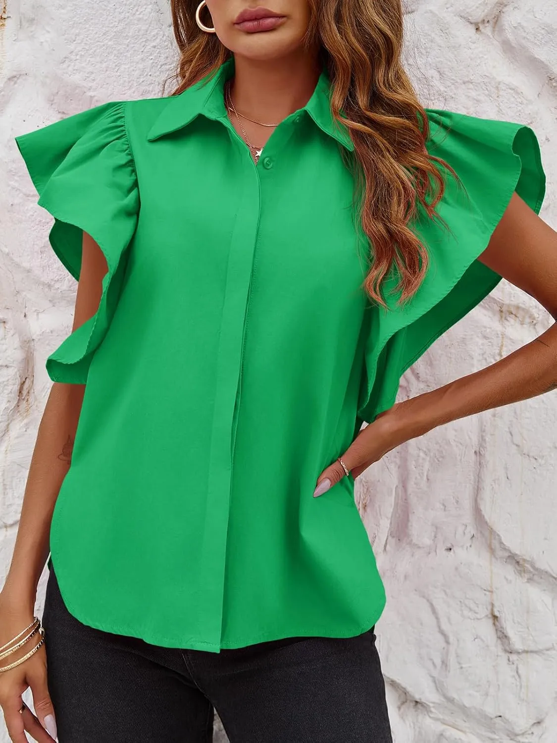 Tankaneo Womens Ruffle Button Down Shirts Cute Summer Short Sleeve Tops Blouse