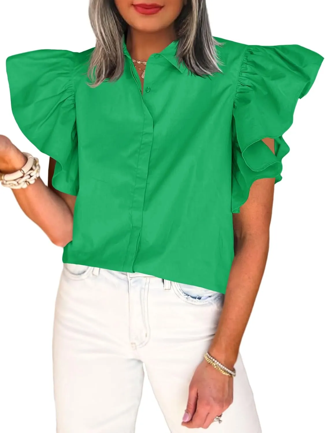 Tankaneo Womens Ruffle Button Down Shirts Cute Summer Short Sleeve Tops Blouse