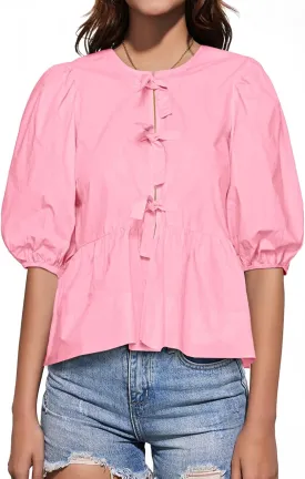 Tankaneo Womens Tie Front Tops Summer Peplum Babydoll Puff Short Sleeve Blouse Cute Cotton Shirts
