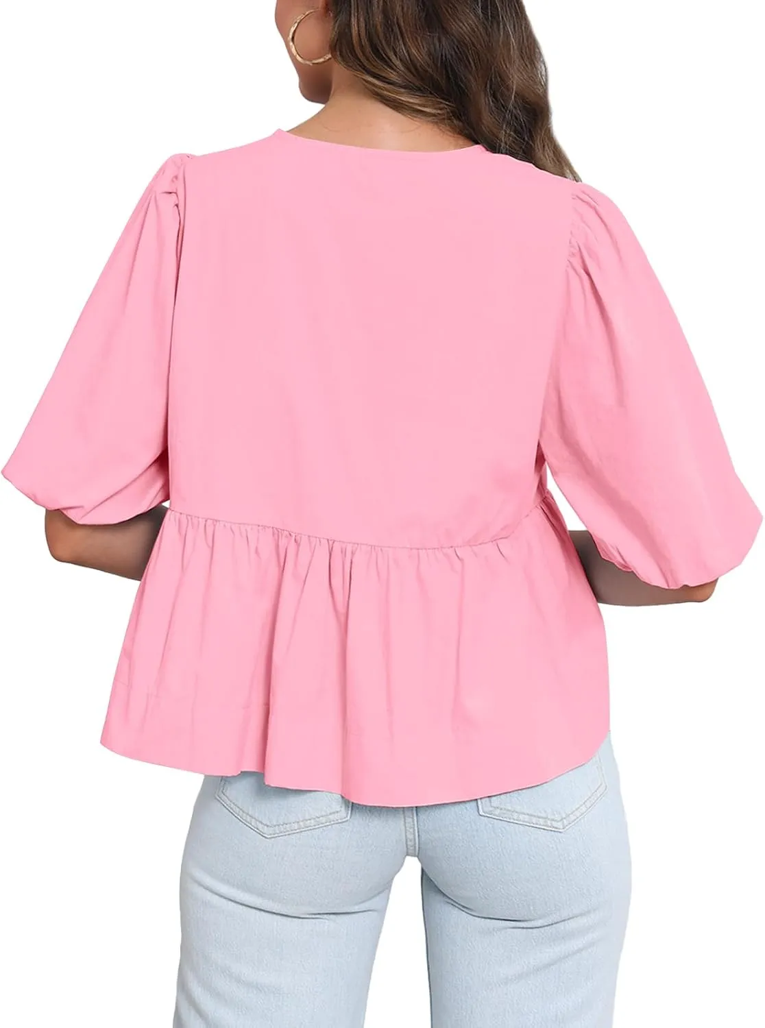 Tankaneo Womens Tie Front Tops Summer Peplum Babydoll Puff Short Sleeve Blouse Cute Cotton Shirts