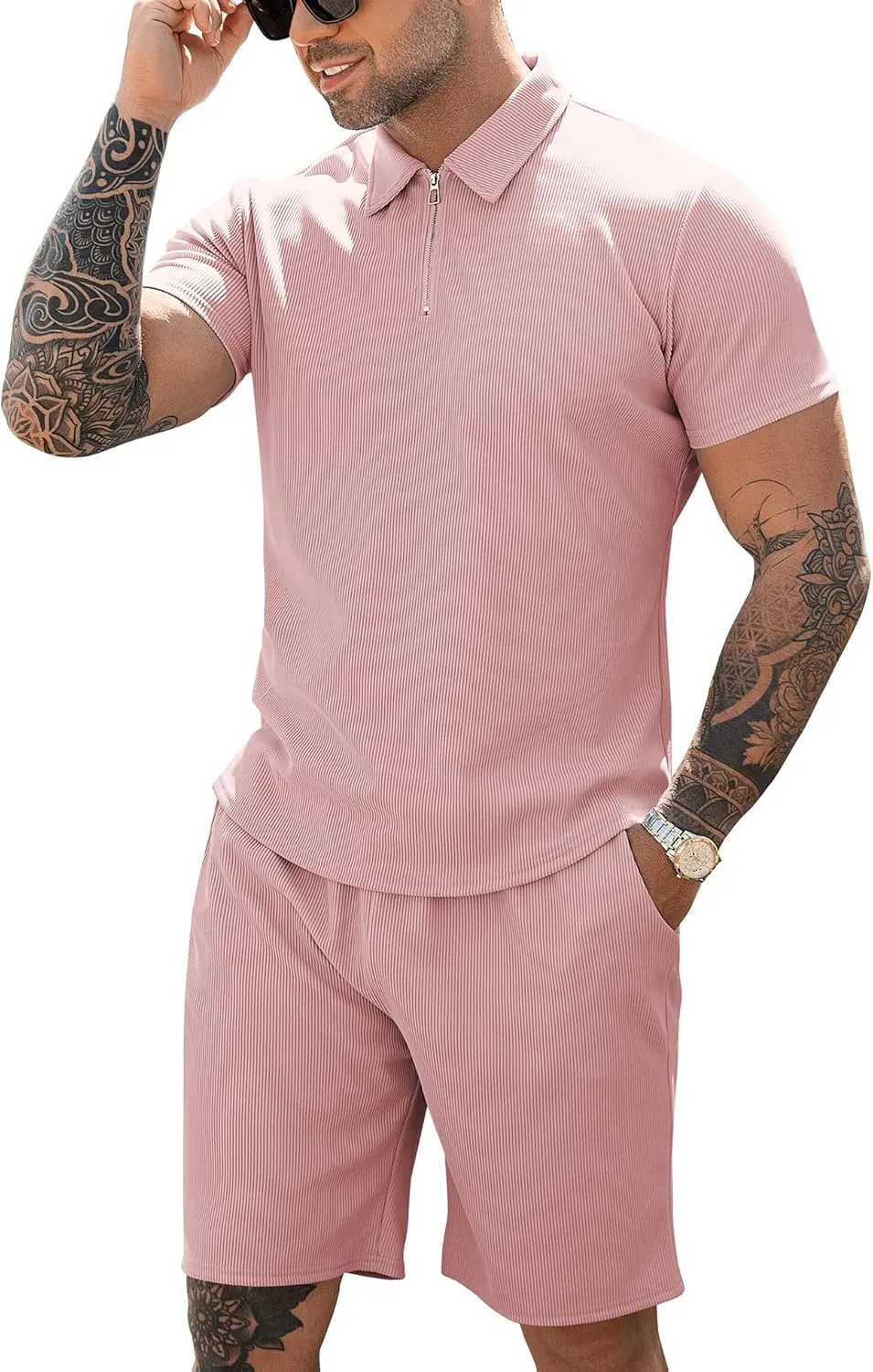 URRU Men's Polo Shirt and Shorts Set Summer Outfits Casual Short Sleeve Polo Suit for Men 2 Piece Shorts Tracksuit Set