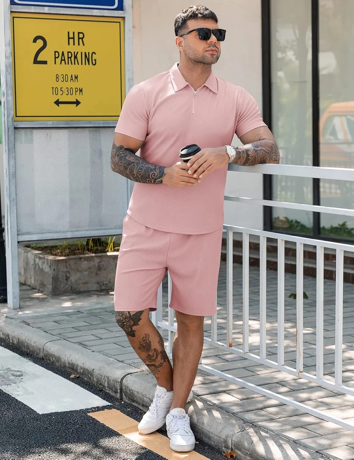 URRU Men's Polo Shirt and Shorts Set Summer Outfits Casual Short Sleeve Polo Suit for Men 2 Piece Shorts Tracksuit Set
