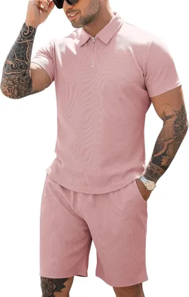 URRU Men's Polo Shirt and Shorts Set Summer Outfits Casual Short Sleeve Polo Suit for Men 2 Piece Shorts Tracksuit Set