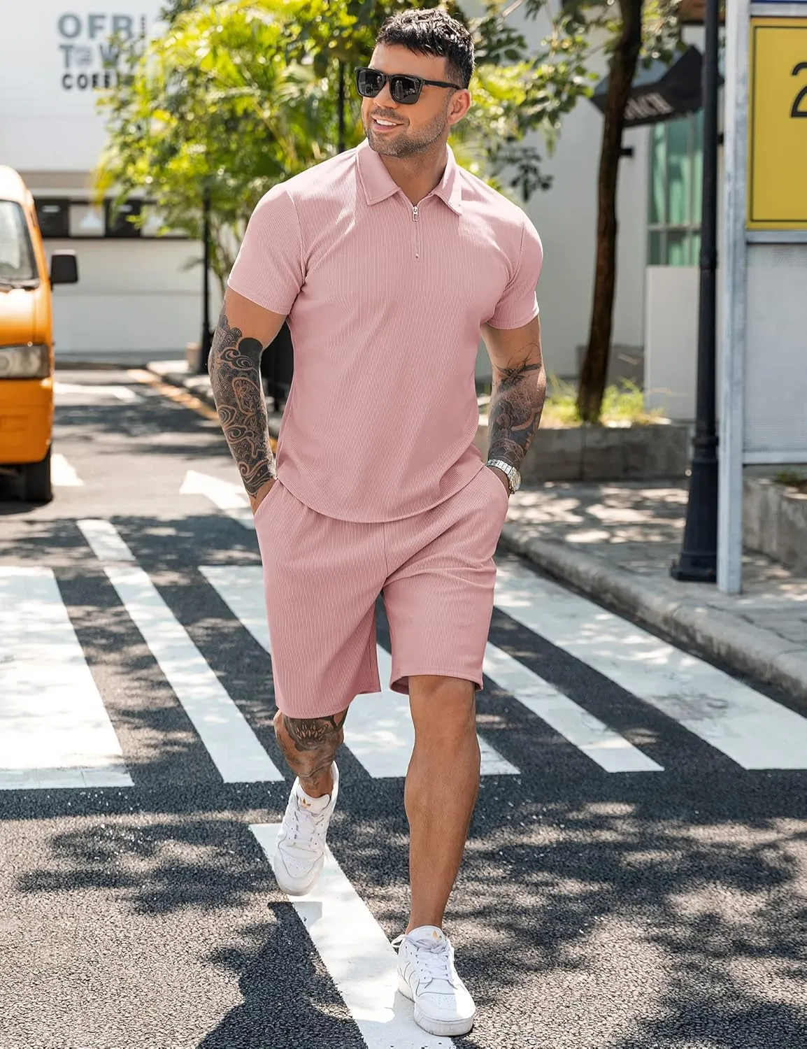 URRU Men's Polo Shirt and Shorts Set Summer Outfits Casual Short Sleeve Polo Suit for Men 2 Piece Shorts Tracksuit Set