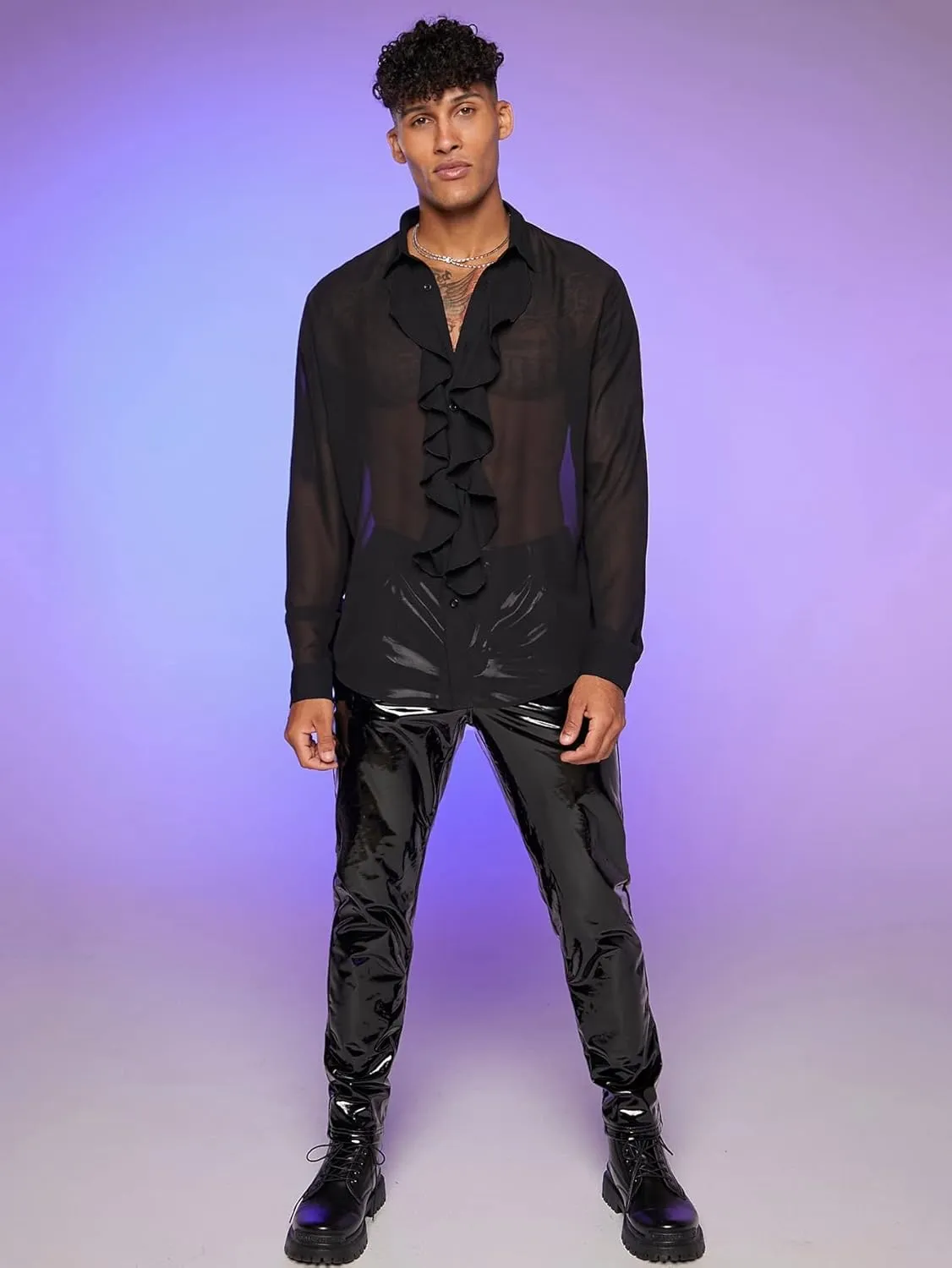 Verdusa Men's Long Sleeve Sheer Mesh Ruffle Trim Button Down Shirt Top