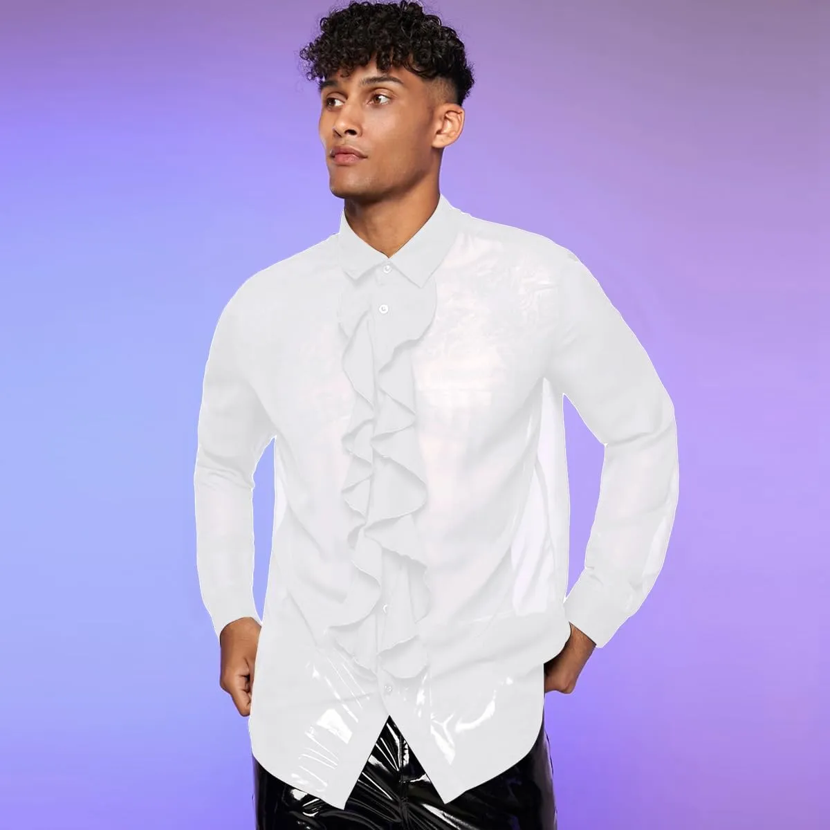 Verdusa Men's Long Sleeve Sheer Mesh Ruffle Trim Button Down Shirt Top