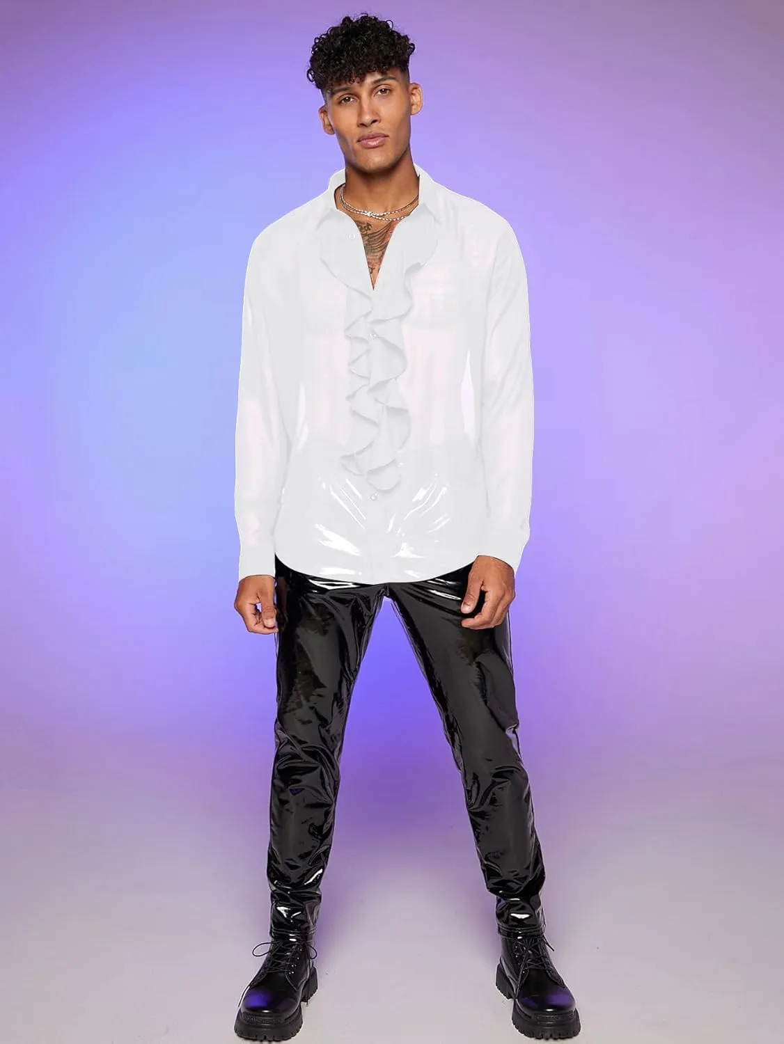 Verdusa Men's Long Sleeve Sheer Mesh Ruffle Trim Button Down Shirt Top