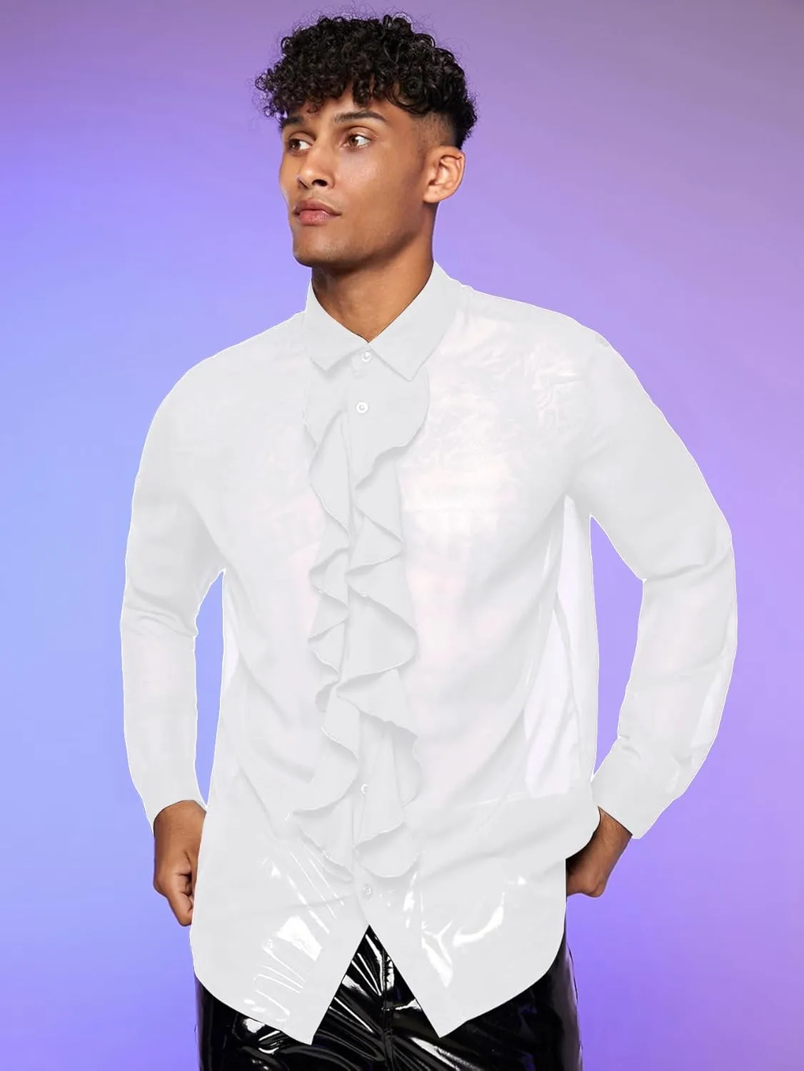 Verdusa Men's Long Sleeve Sheer Mesh Ruffle Trim Button Down Shirt Top