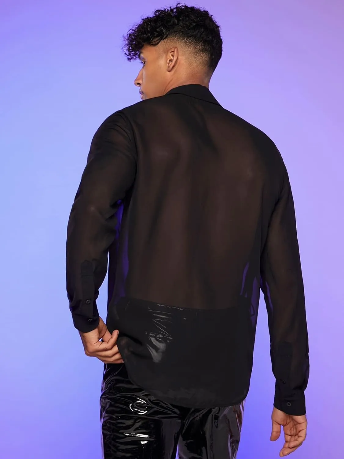 Verdusa Men's Long Sleeve Sheer Mesh Ruffle Trim Button Down Shirt Top