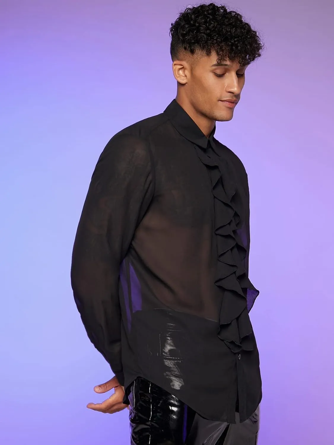 Verdusa Men's Long Sleeve Sheer Mesh Ruffle Trim Button Down Shirt Top