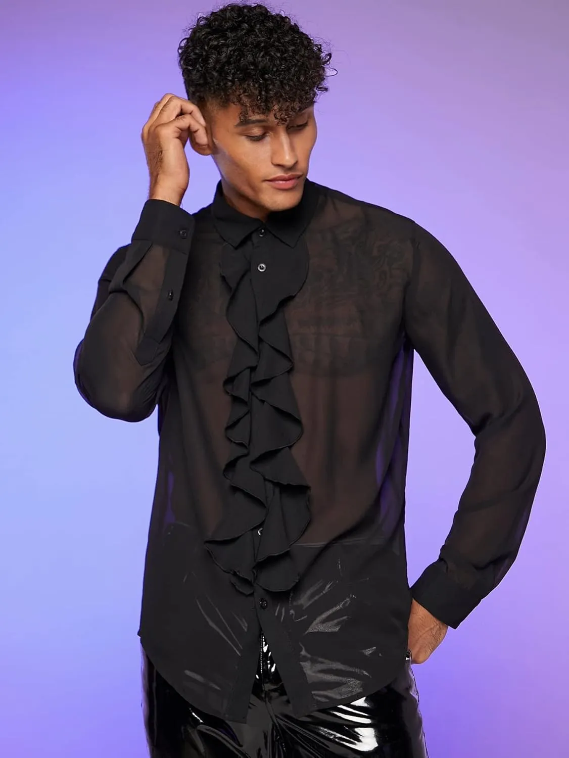 Verdusa Men's Long Sleeve Sheer Mesh Ruffle Trim Button Down Shirt Top