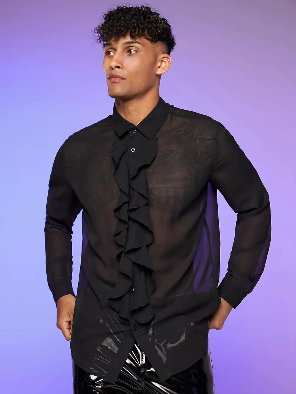Verdusa Men's Long Sleeve Sheer Mesh Ruffle Trim Button Down Shirt Top