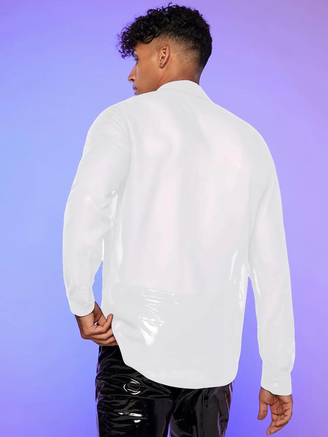 Verdusa Men's Long Sleeve Sheer Mesh Ruffle Trim Button Down Shirt Top