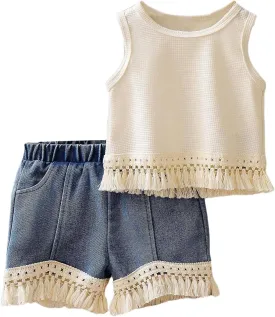 WDIRARA Girl's 2 Piece Outfits Fringe Sleeveless Tank Top and denim Shorts Set