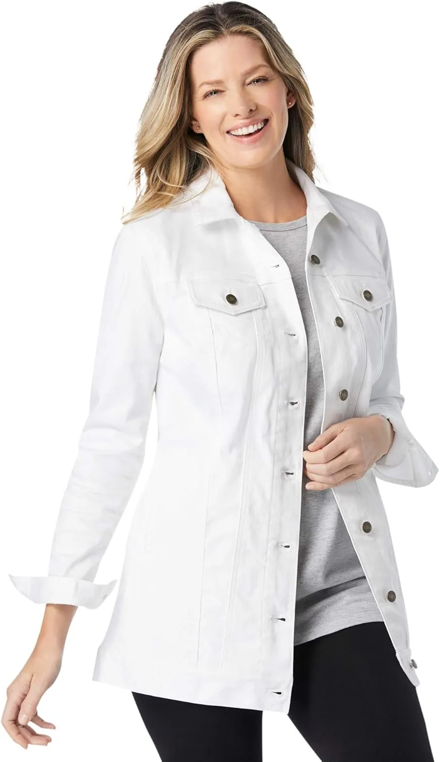 Woman Within Plus Size Long Stretch Denim Jacket Oversized Jean Jacket