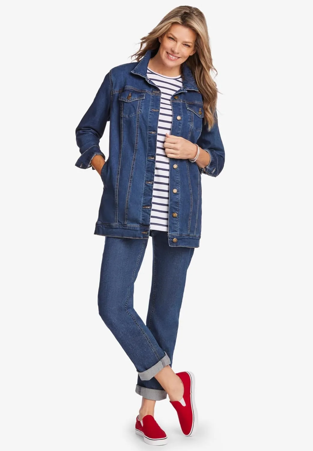 Woman Within Plus Size Long Stretch Denim Jacket Oversized Jean Jacket