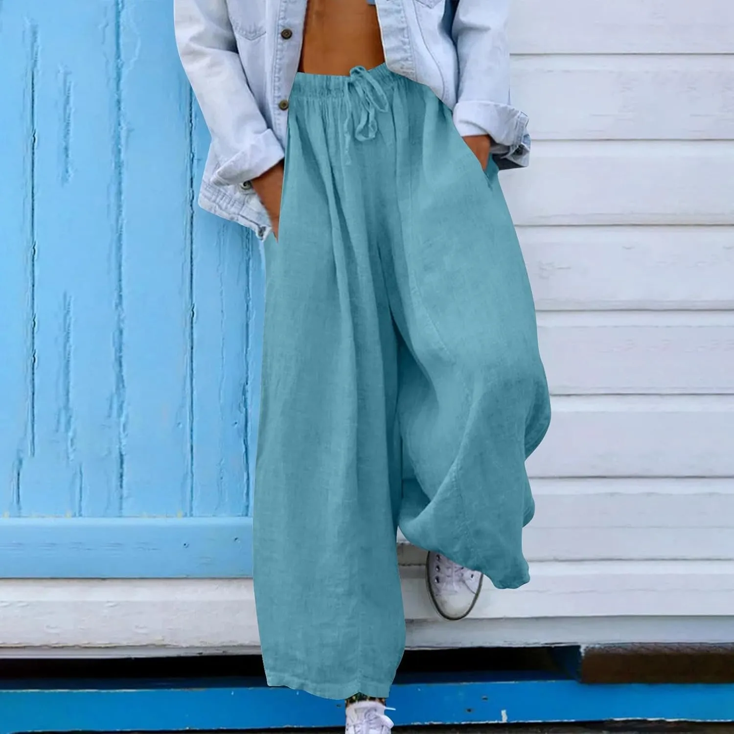 Women 2025 Casual Wide Leg Pants Elastic Waist Wide Leg Linen Pant Loose Long Palazzo Trousers Bottoms Slacks Pockets