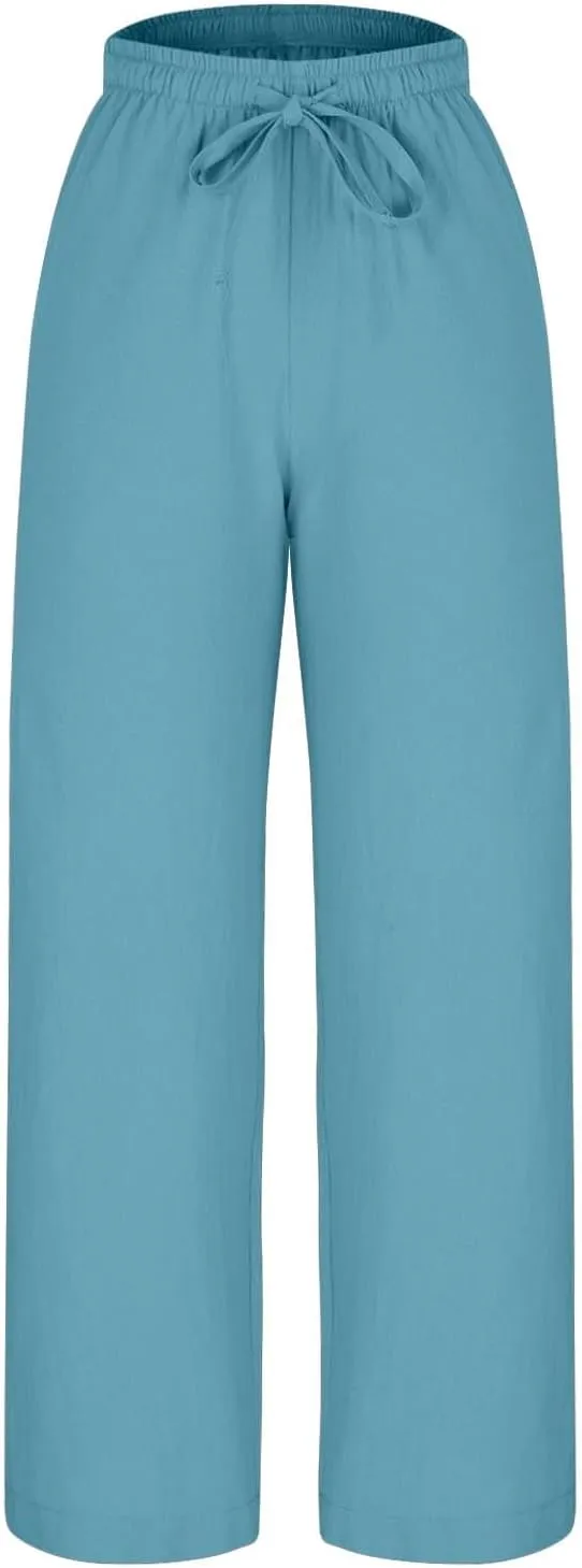 Women 2025 Casual Wide Leg Pants Elastic Waist Wide Leg Linen Pant Loose Long Palazzo Trousers Bottoms Slacks Pockets