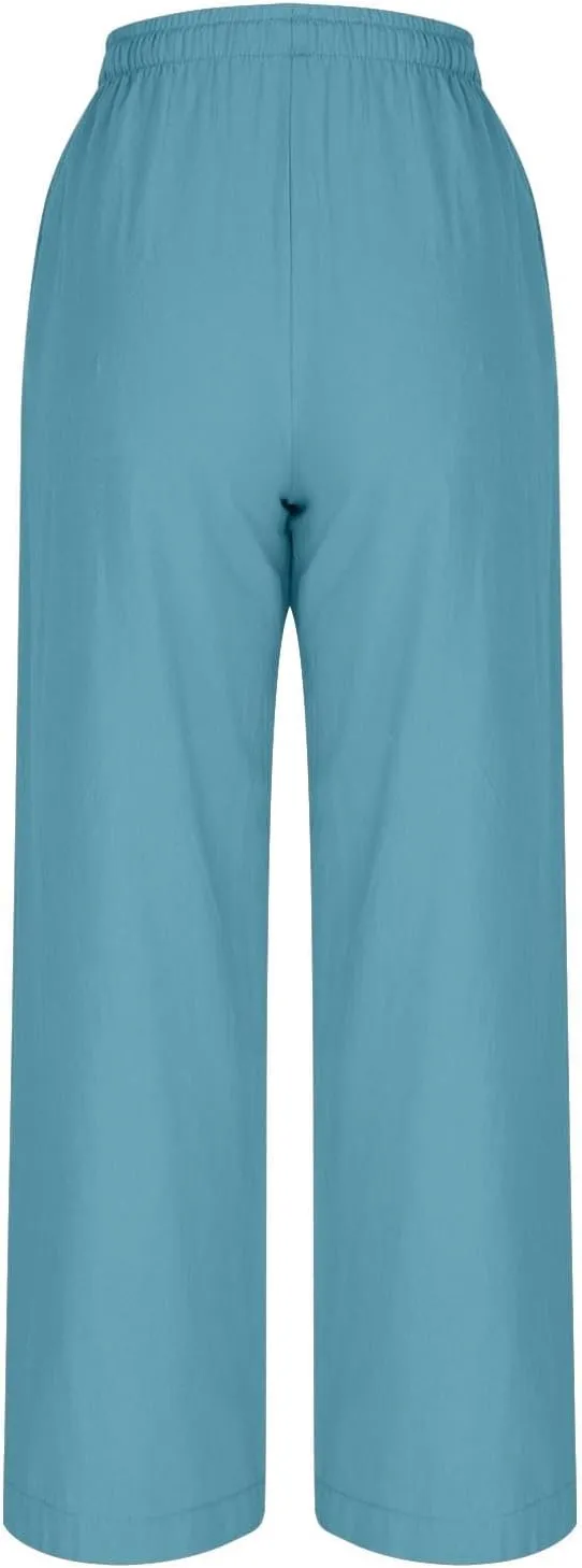 Women 2025 Casual Wide Leg Pants Elastic Waist Wide Leg Linen Pant Loose Long Palazzo Trousers Bottoms Slacks Pockets