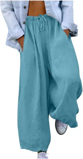 Women 2025 Casual Wide Leg Pants Elastic Waist Wide Leg Linen Pant Loose Long Palazzo Trousers Bottoms Slacks Pockets