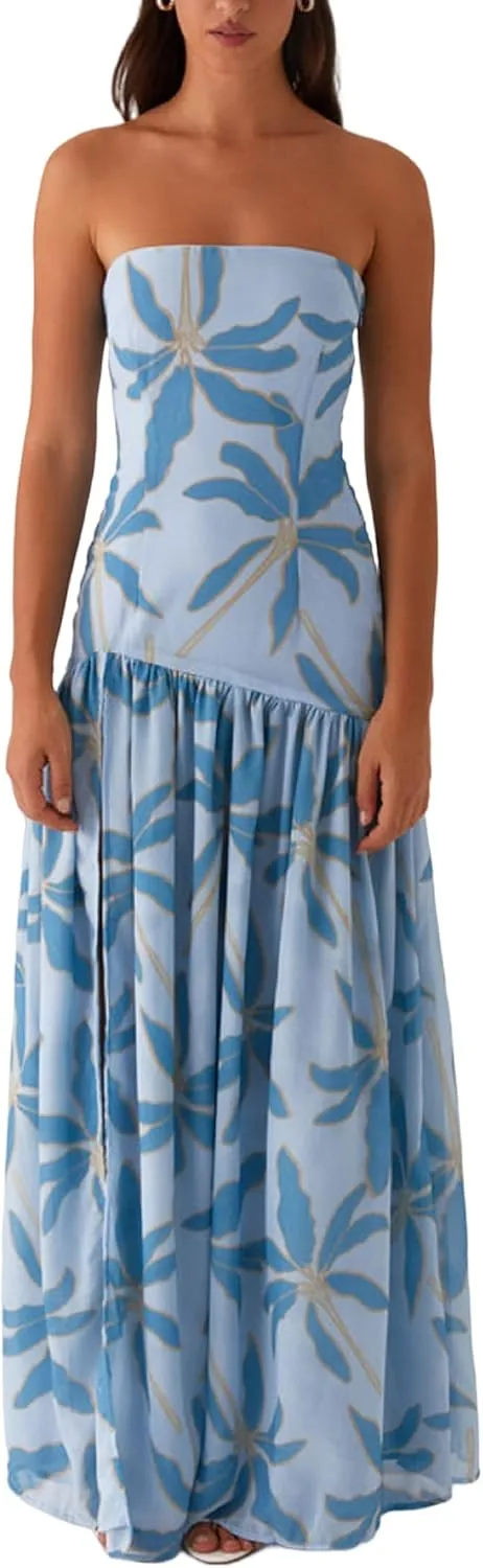 Women Floral Tube Top Maxi Dress Y2k Strapless Mesh Patchwork Long Dress High Slit Flowy Cocktail Sundress