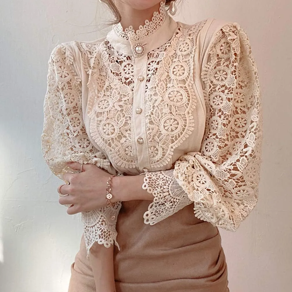 Womens Elegant Lace Trim Shirts Casual Victorian Blouse Long Sleeve Button Down Tops