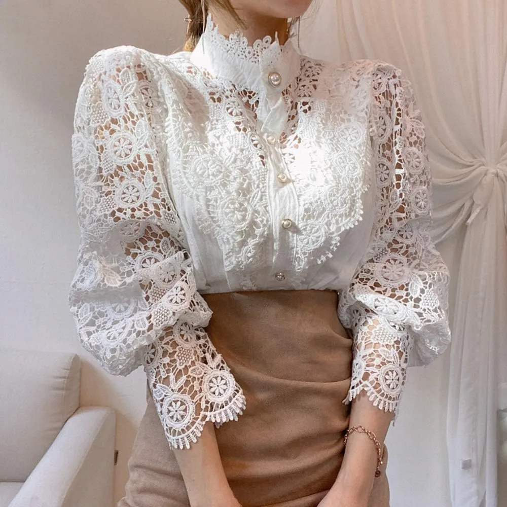 Womens Elegant Lace Trim Shirts Casual Victorian Blouse Long Sleeve Button Down Tops
