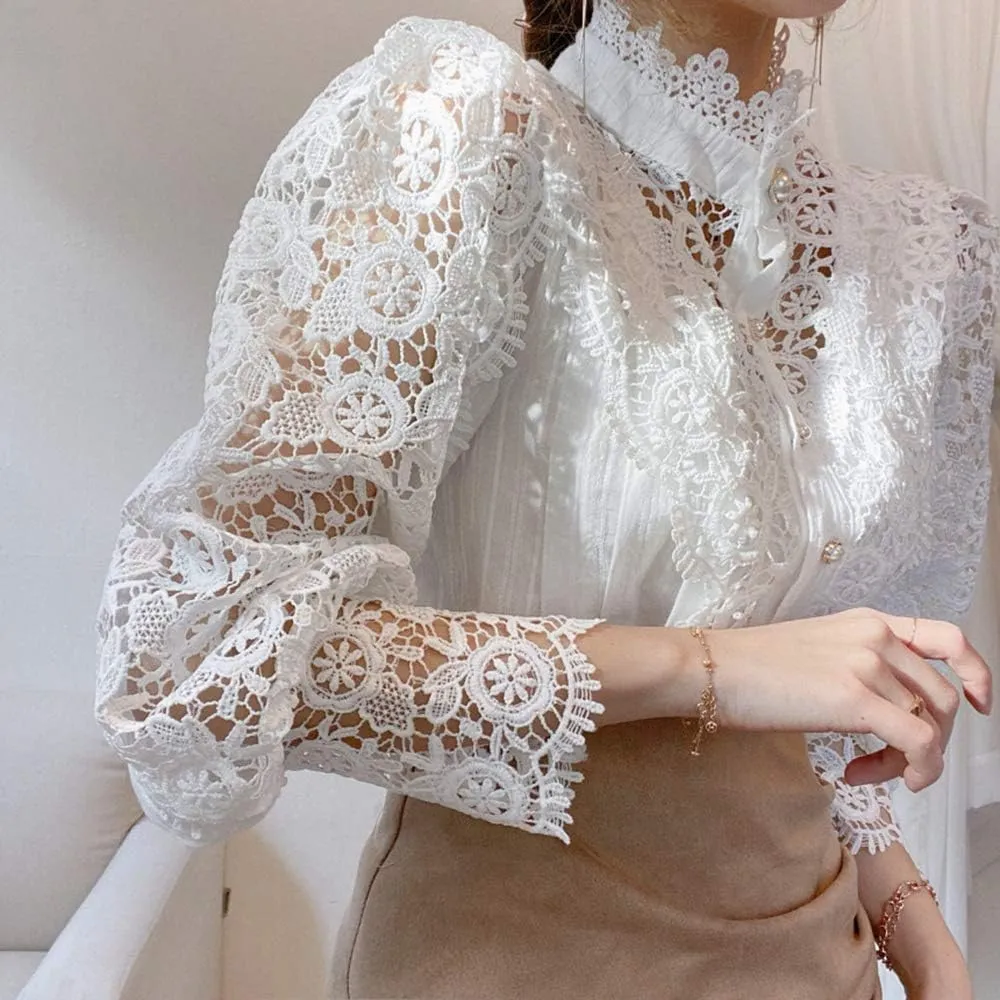Womens Elegant Lace Trim Shirts Casual Victorian Blouse Long Sleeve Button Down Tops