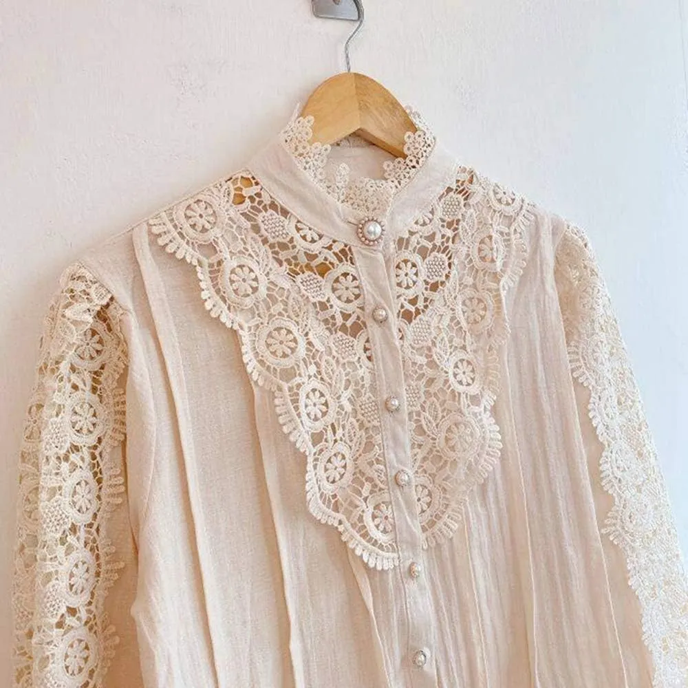 Womens Elegant Lace Trim Shirts Casual Victorian Blouse Long Sleeve Button Down Tops