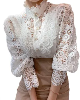 Womens Elegant Lace Trim Shirts Casual Victorian Blouse Long Sleeve Button Down Tops