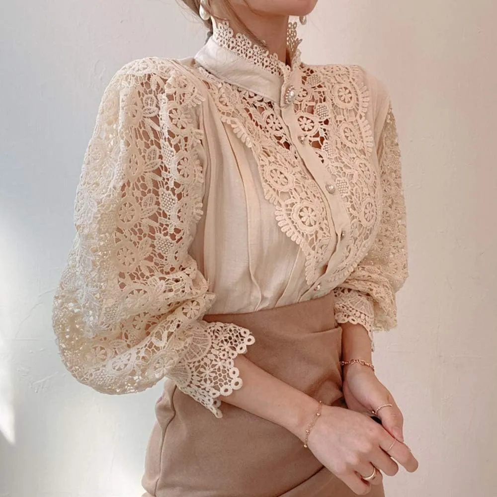 Womens Elegant Lace Trim Shirts Casual Victorian Blouse Long Sleeve Button Down Tops