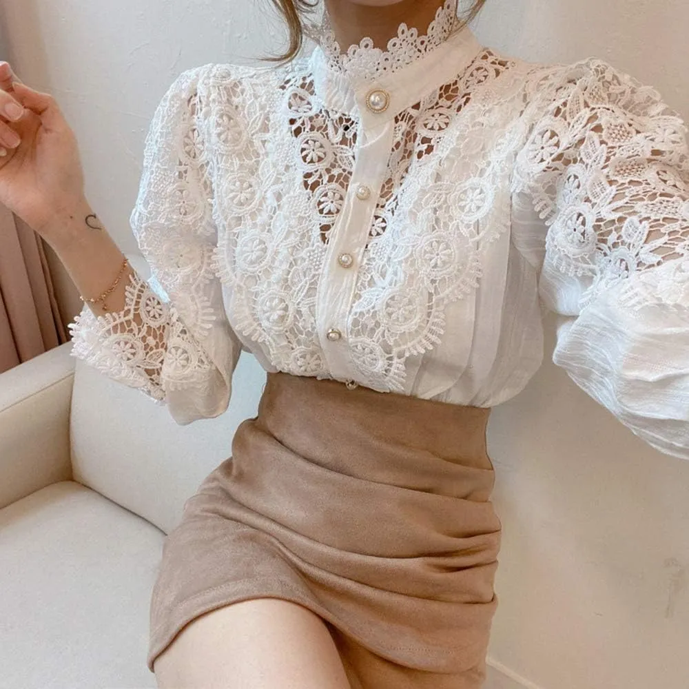 Womens Elegant Lace Trim Shirts Casual Victorian Blouse Long Sleeve Button Down Tops