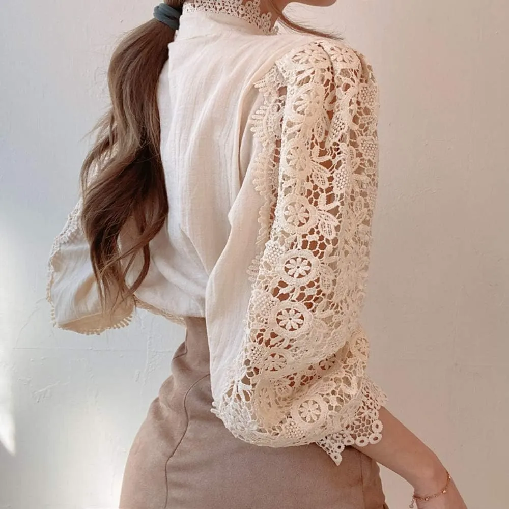 Womens Elegant Lace Trim Shirts Casual Victorian Blouse Long Sleeve Button Down Tops