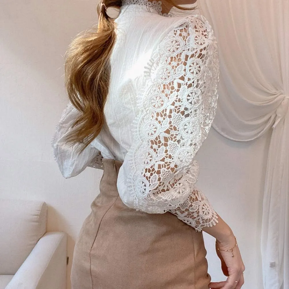 Womens Elegant Lace Trim Shirts Casual Victorian Blouse Long Sleeve Button Down Tops