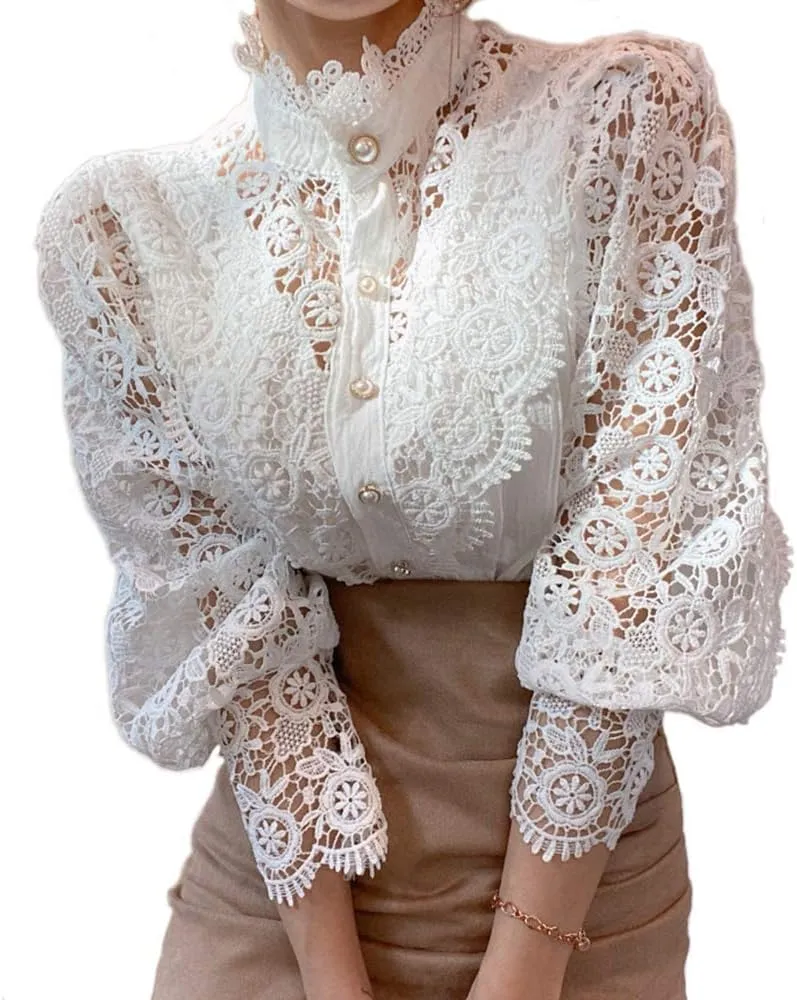 Womens Elegant Lace Trim Shirts Casual Victorian Blouse Long Sleeve Button Down Tops