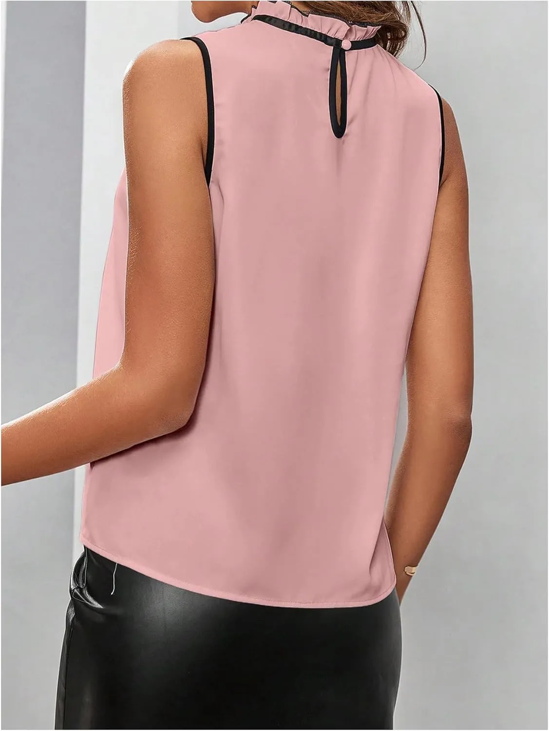 Women's High Neck Tank Top Sleeveless Lace Patchwork Tie Neck Loose Fit Work Blouse