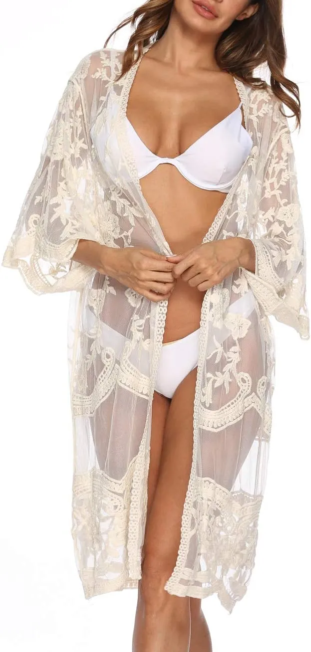 Women's Lace Cardigan Floral Crochet Sheer Beach Cover Ups Long Open Kimono