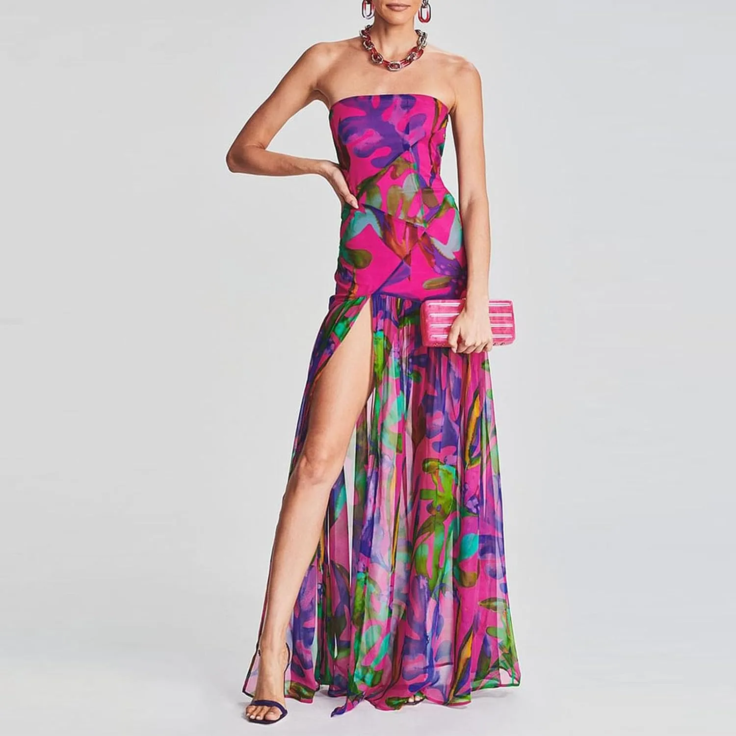 Women's Sexy Mesh Patchwork Maxi Dress Floral Tiger Print Strapless Tube Top Dress High Slit Party Long Dress